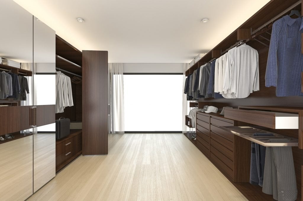 3d rendering beautiful wood horizontal wardrobe and walk in closet near window