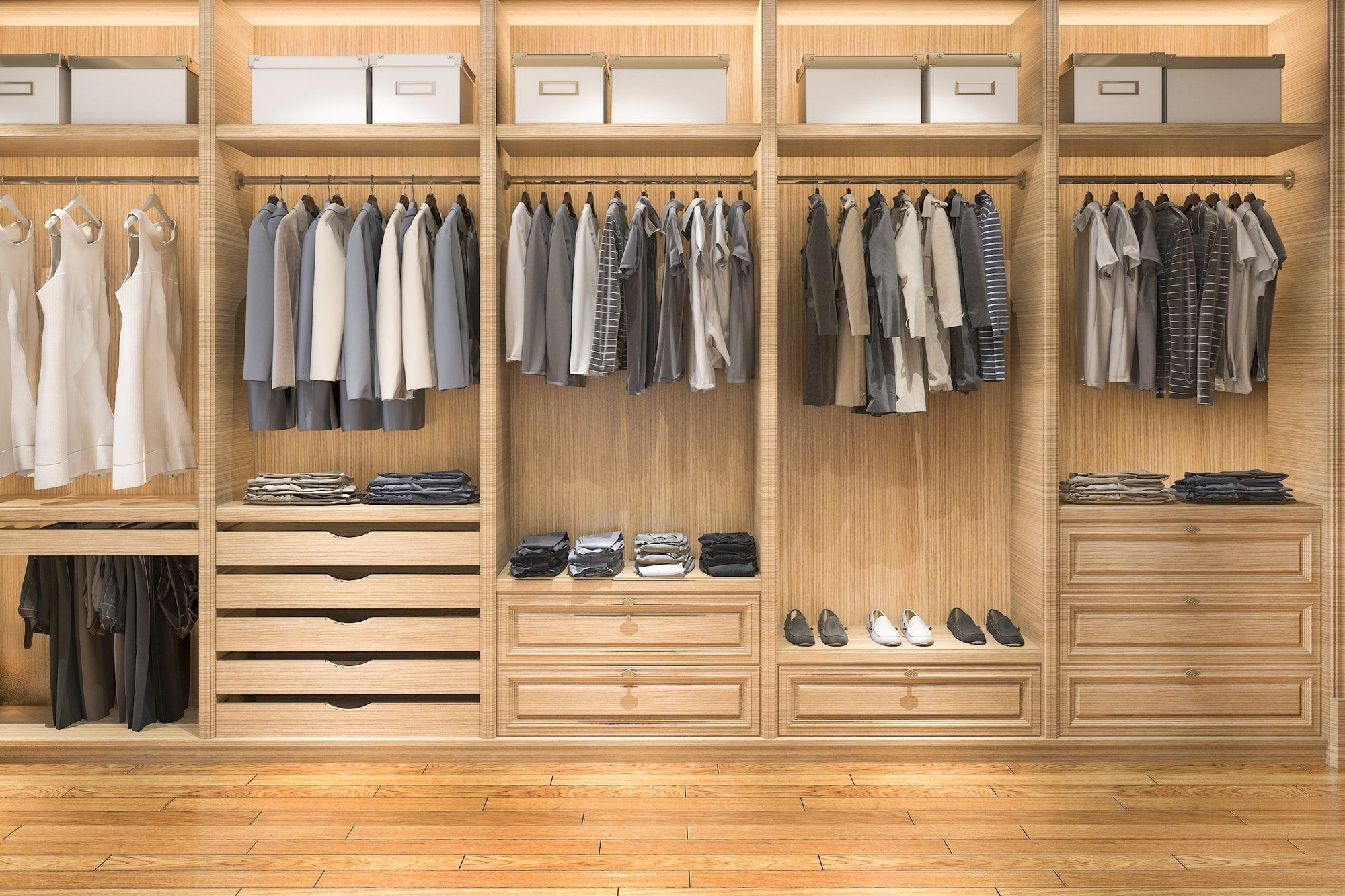 3d rendering modern scandinavian white wood walk in closet with wardrobe