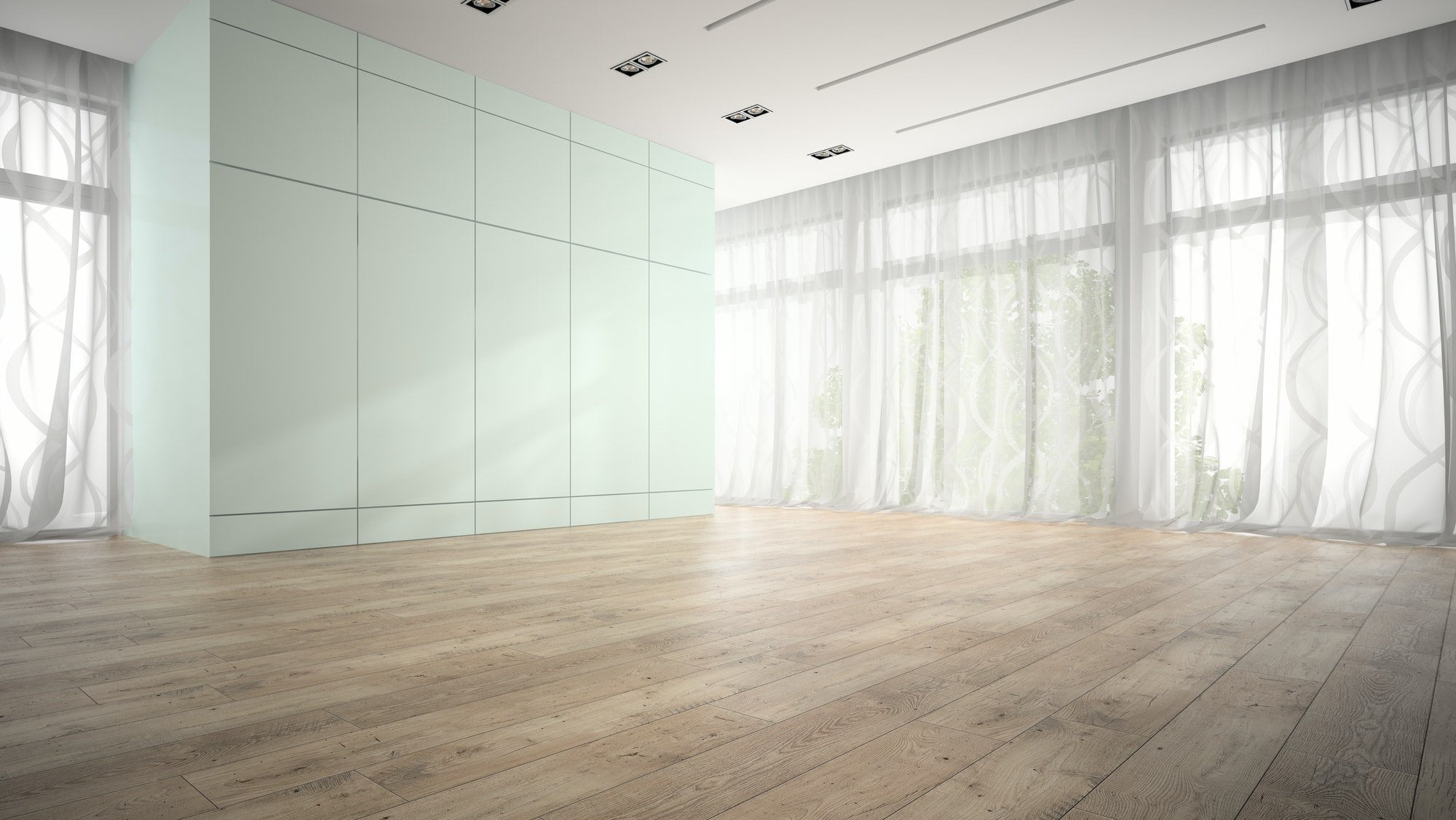 Empty room with blue cupboard 3D rendering