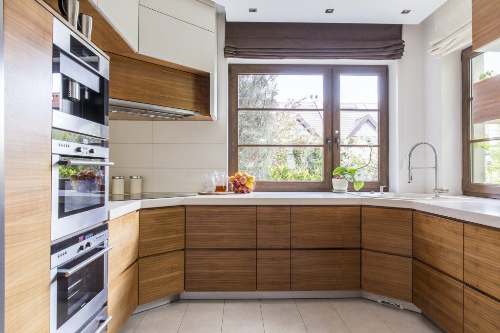 Wooden cupboards in new kitchen